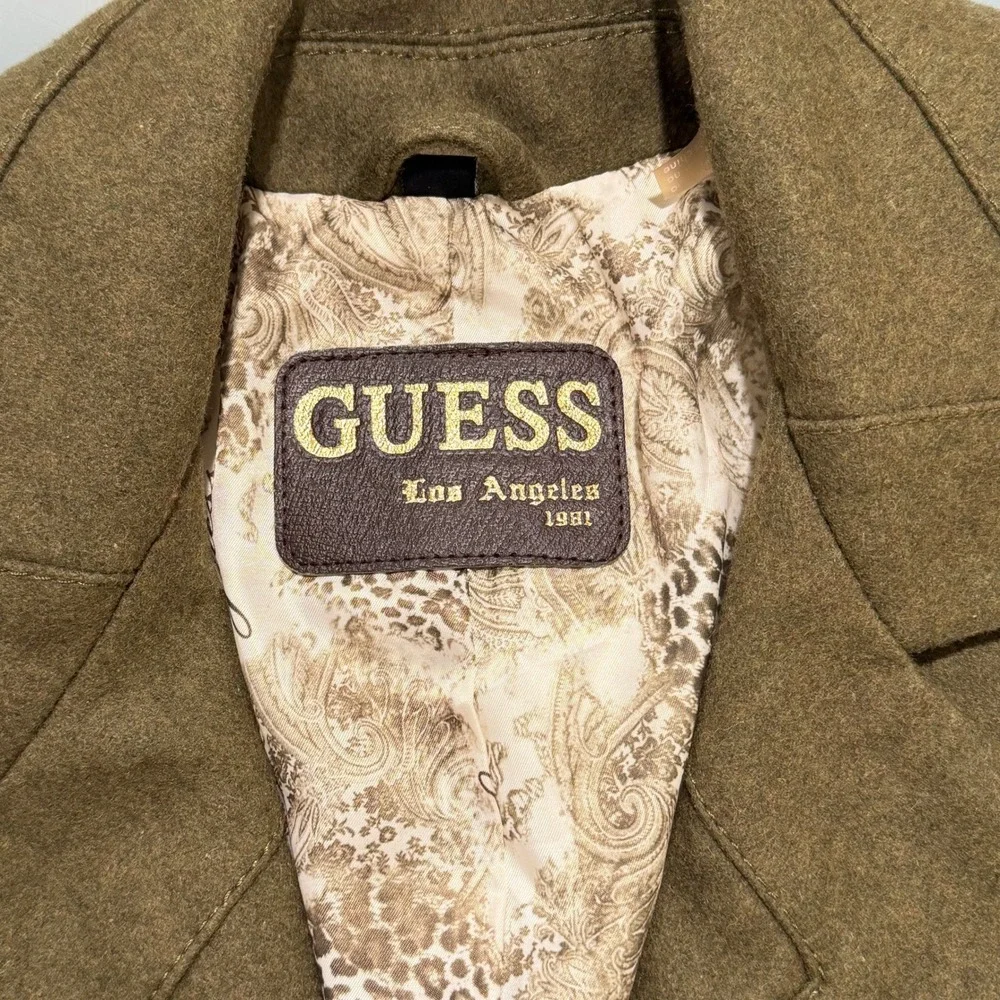 Vtg Guess Military Style Wool Blend Coat Womens PXS Olive Green Button Up Y2K